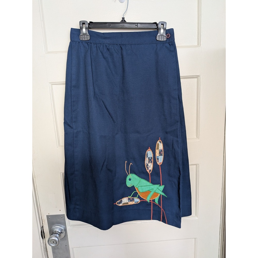 The Pond Vintage 1970s Navy Blue Grasshopper Embroidered‎ Midi Skirt Size Large